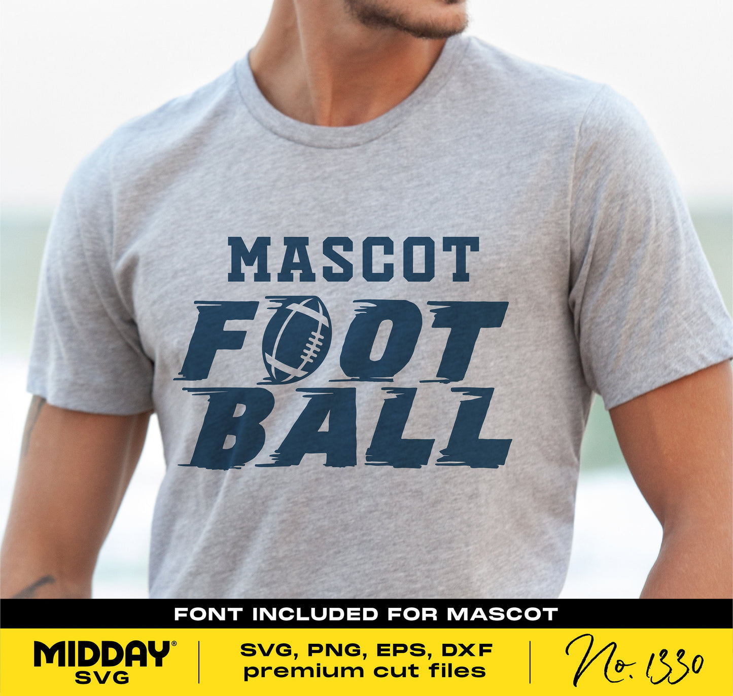 Person wearing a gray shirt with 'Mascot Football' logo, available in SVG, PNG, EPS, DXF formats for DIY projects and Cricut.
