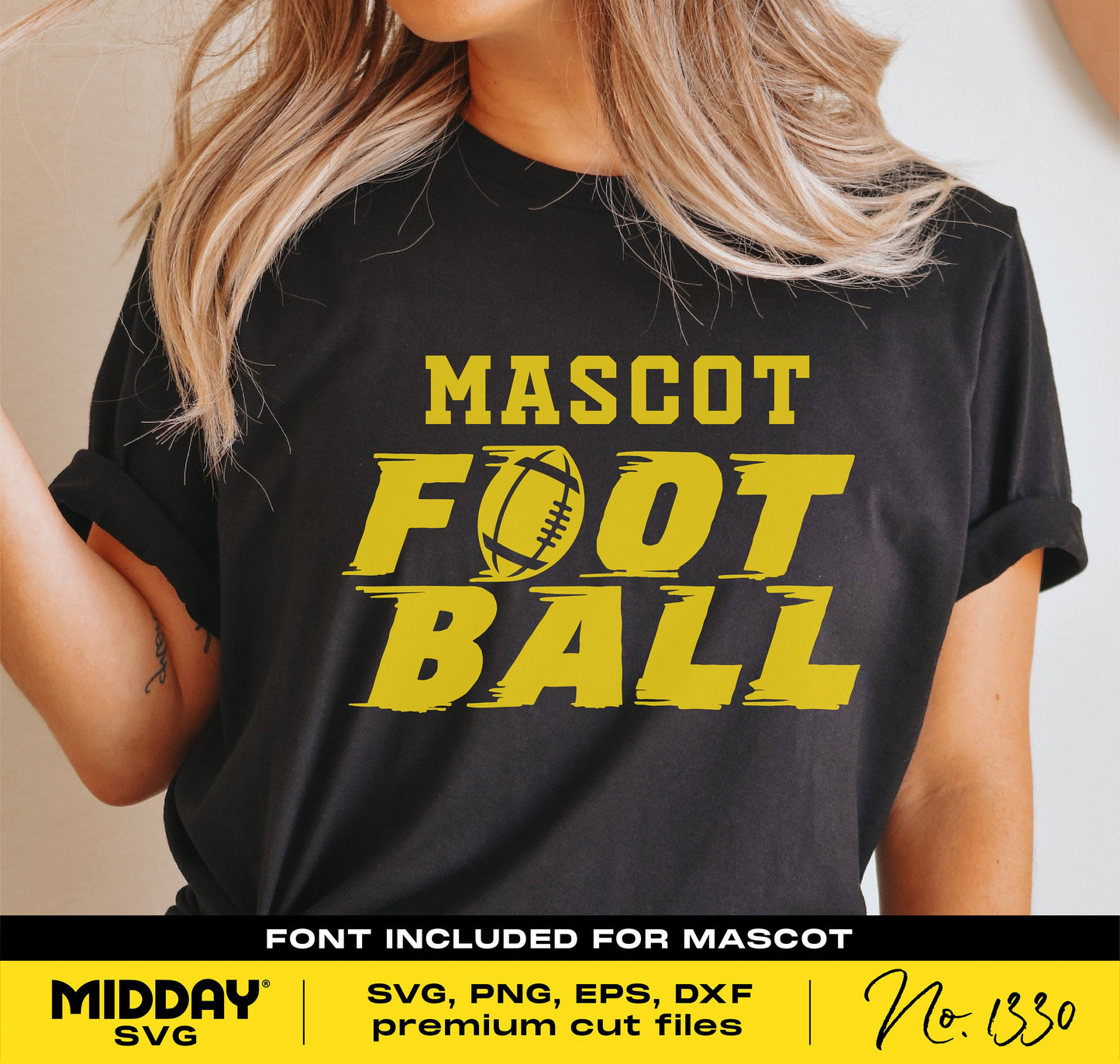 Woman wearing black shirt with 'Mascot Football' logo in yellow, ideal for DIY projects, Cricut use, and sublimation with font included.