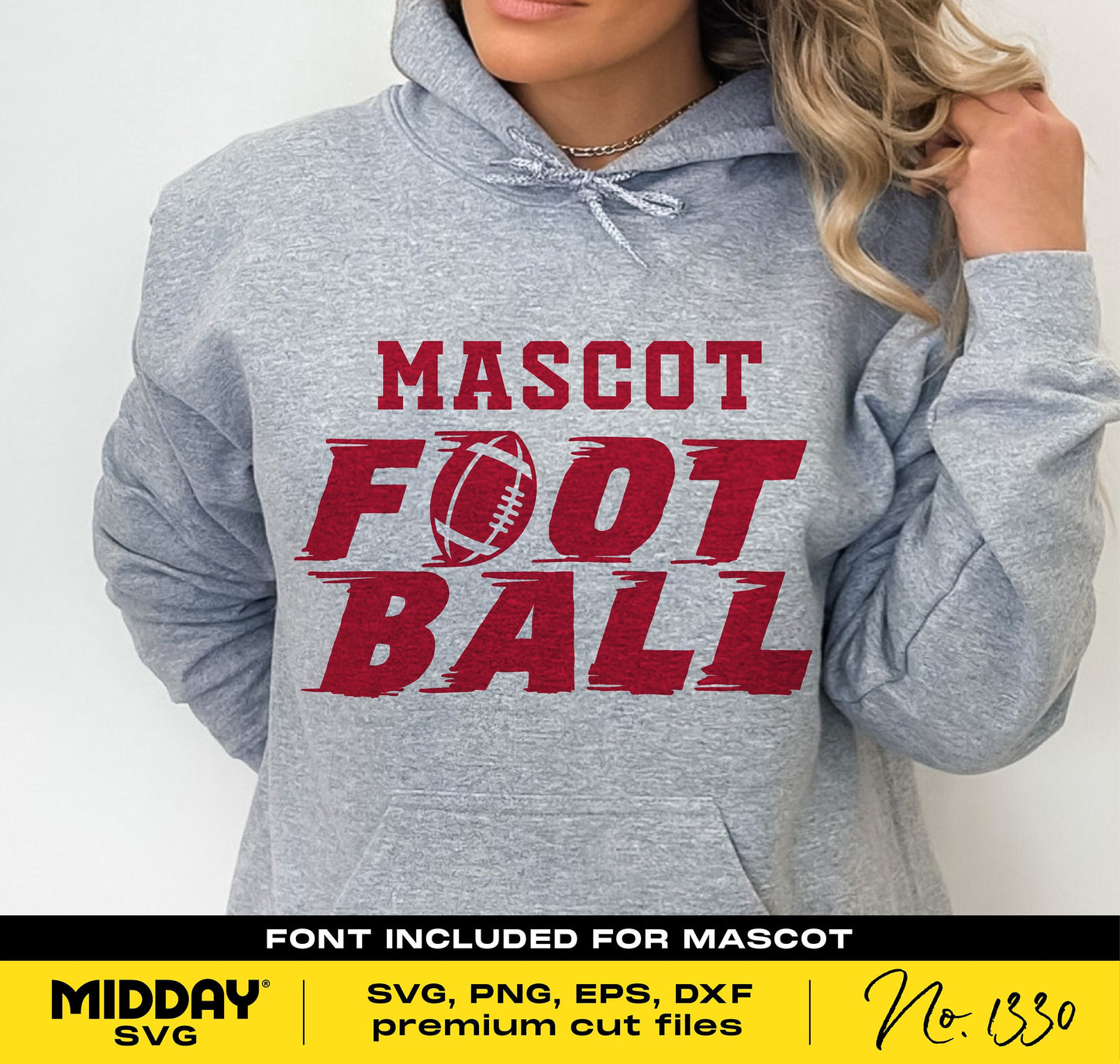 Gray hoodie with "Mascot Football" logo in red, ideal for football fans. Includes SVG, PNG, EPS, DXF files, plus font for customization.