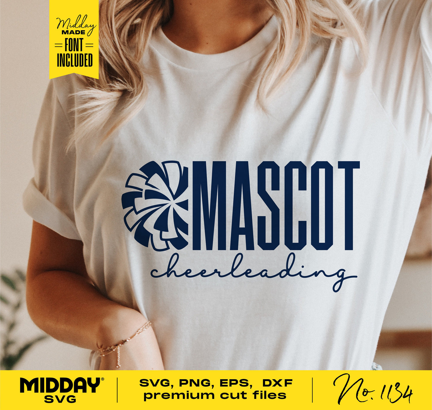 Woman wearing a white shirt with 'Mascot Cheerleading' design, featuring SVG, PNG, EPS, DXF cut files. Perfect for DIY cheer team projects.