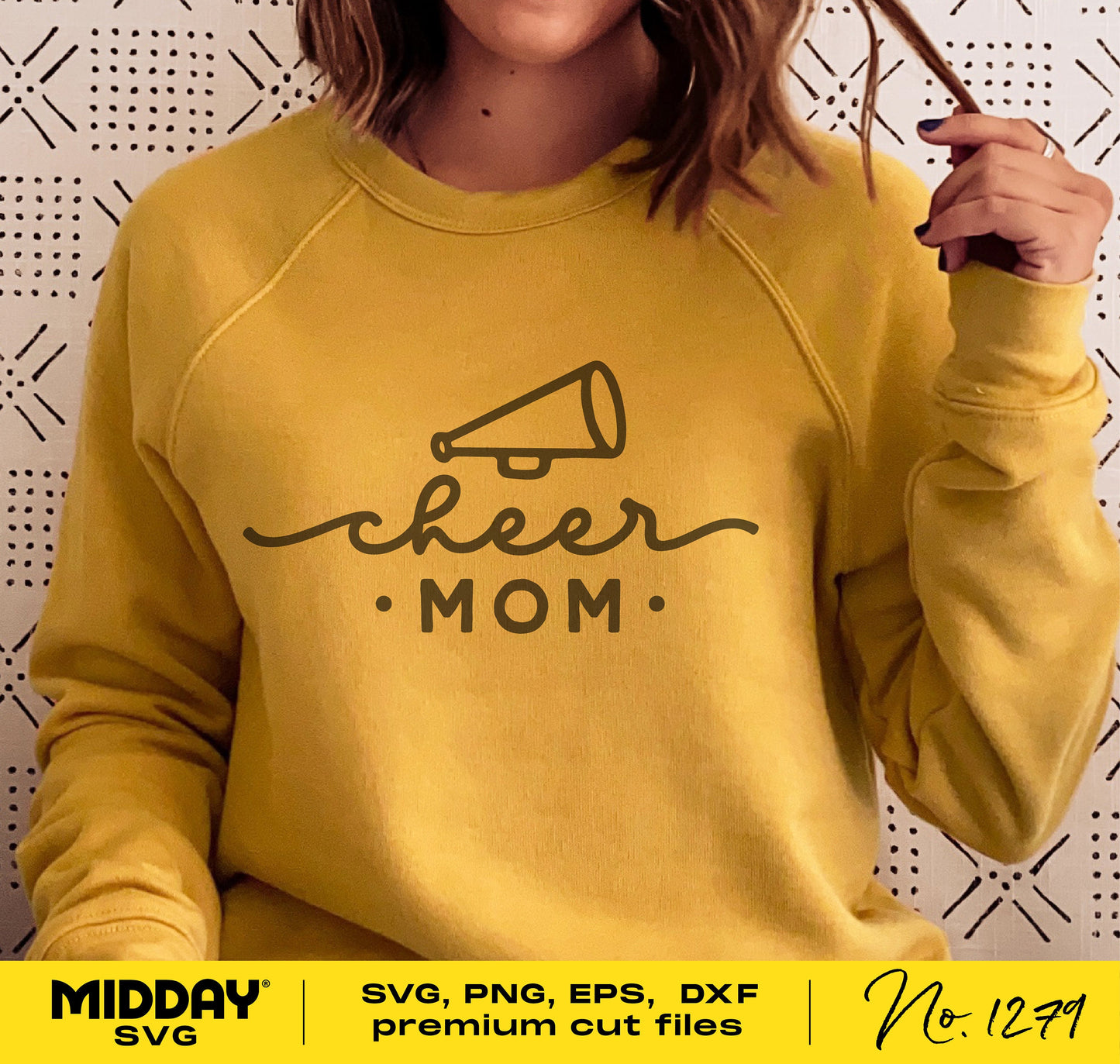 Yellow sweater featuring a "Cheer Mom" design with a cheer cone, ideal for DIY projects using SVG, PNG, EPS, DXF files for Cricut.