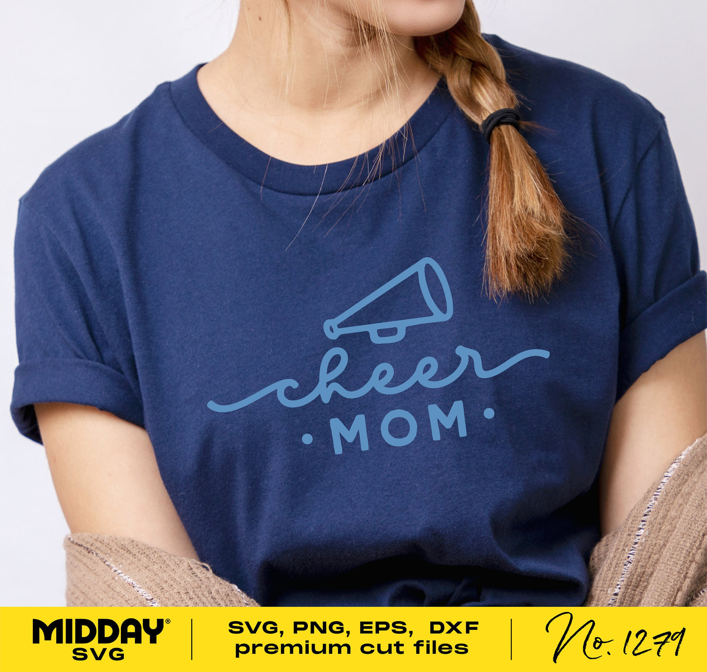 Cheer Mom SVG design on navy shirt, featuring cheer cone graphic, suitable for DIY Cricut projects and sublimation printing.