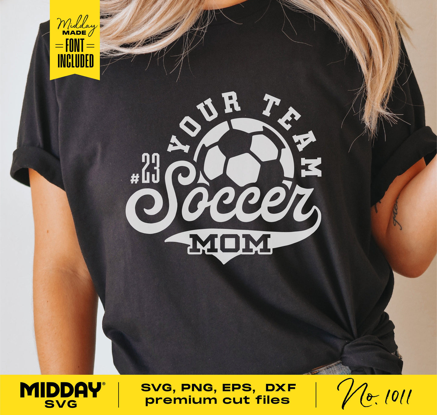 Black t-shirt with 'Your Team Soccer Mom' design, featuring a soccer ball graphic, part of the Soccer Mom SVG Bundle for Cricut and sublimation.