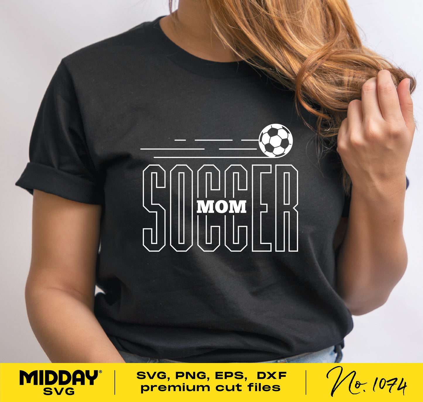 Woman wearing black t-shirt with 'Soccer Mom' design, ideal for Cricut projects, included in Soccer Mom SVG Bundle with PNG, DXF, and EPS files.