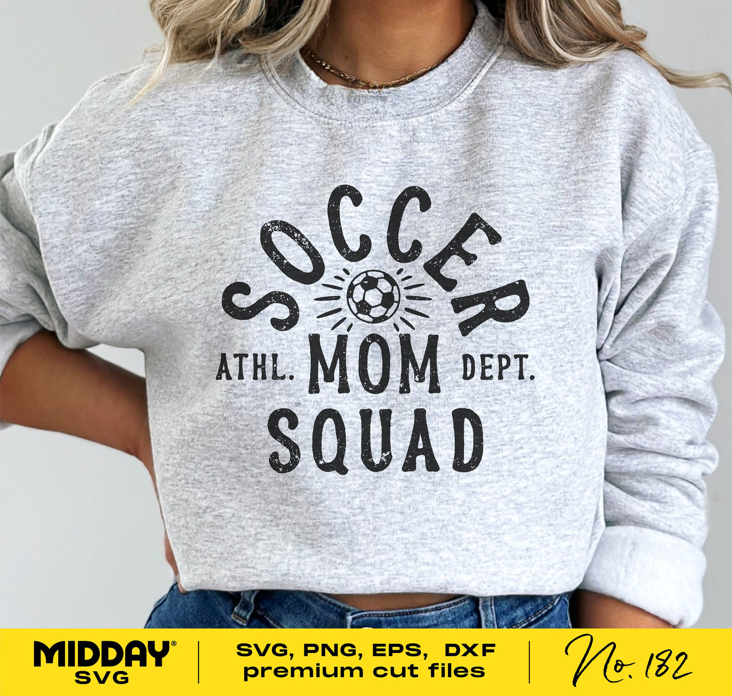 Woman wearing a gray sweatshirt with 'Soccer Mom Squad' design from Soccer Mom SVG Bundle printed on it.