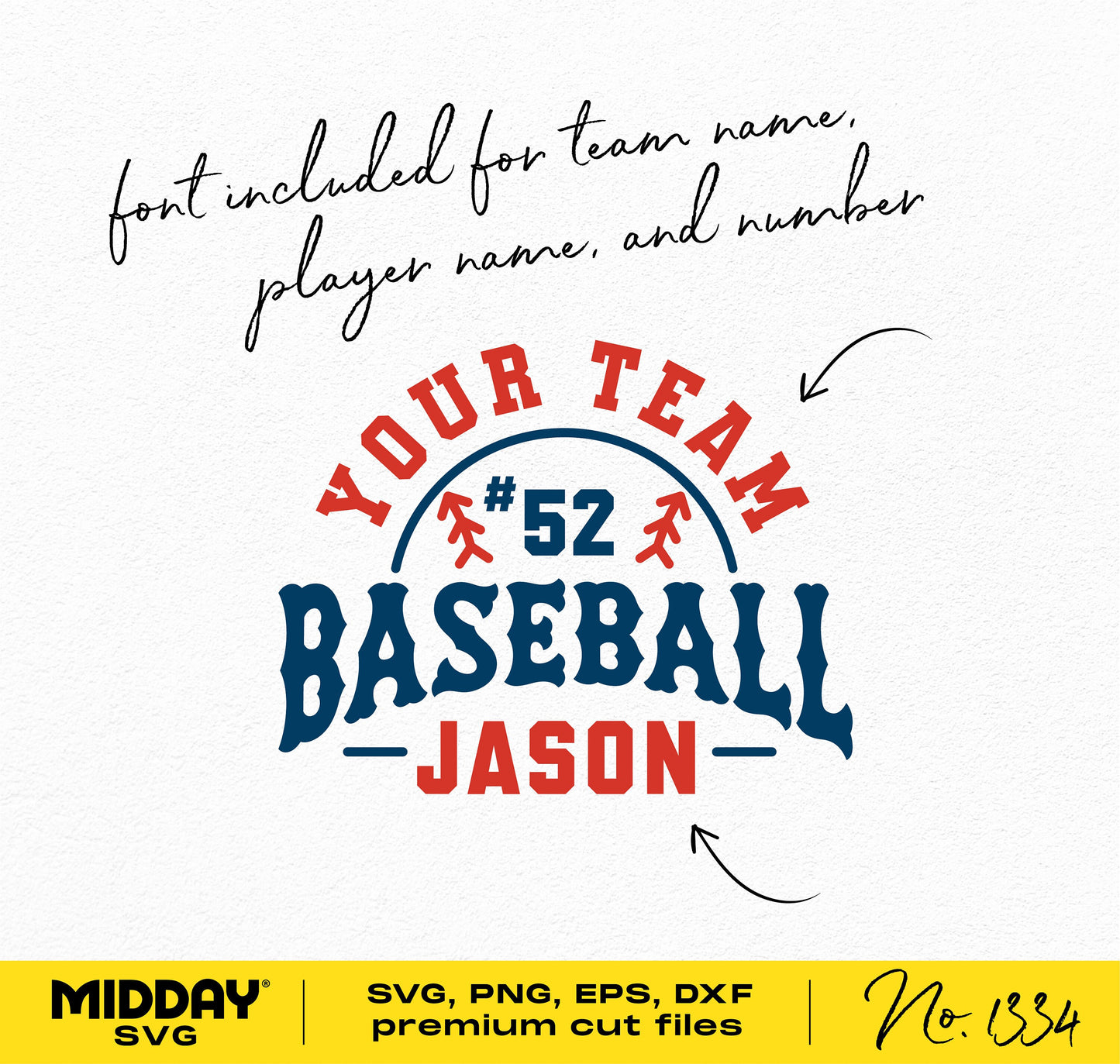 Customizable baseball SVG design with team name and player number, includes font for DIY crafting, suitable for Cricut and other applications.