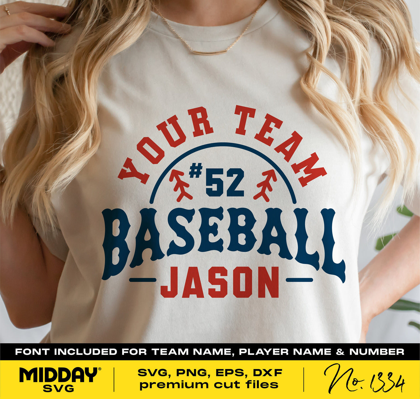 Customizable baseball SVG design on a shirt featuring team name and player number with included font, available in SVG, PNG, EPS, DXF formats.