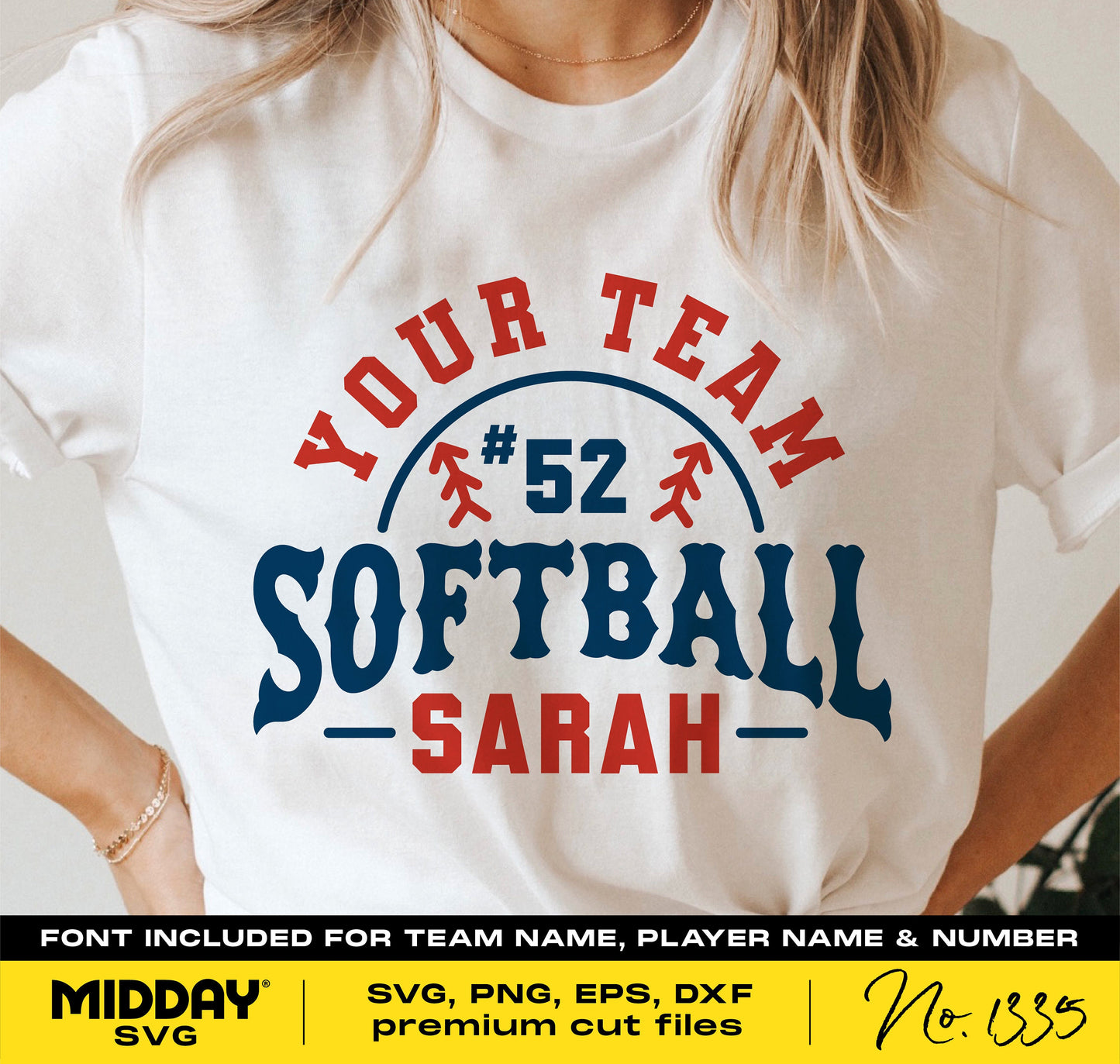 Woman wearing a customizable softball team shirt design, displaying 'Your Team' with a name and number, for Cricut crafting, SVG format.
