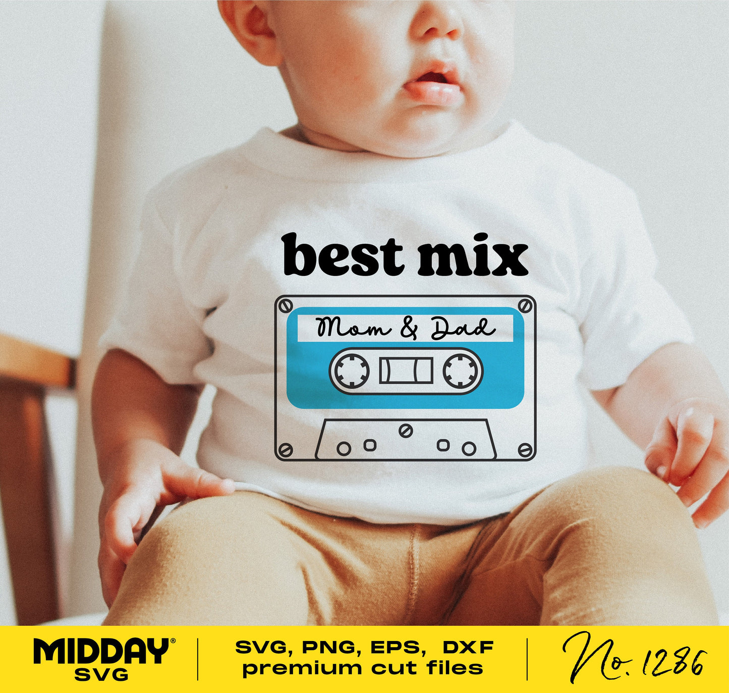 Baby wearing "Best Mix Mom & Dad" bodysuit, cassette design. SVG for Cricut, perfect for funny baby outfits and baby shirts.