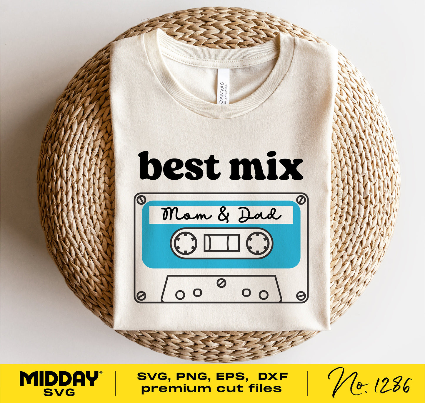 Funny baby bodysuit design with "Best Mix Mom & Dad" cassette graphic, available in SVG, PNG, DXF, EPS formats for Cricut and more.