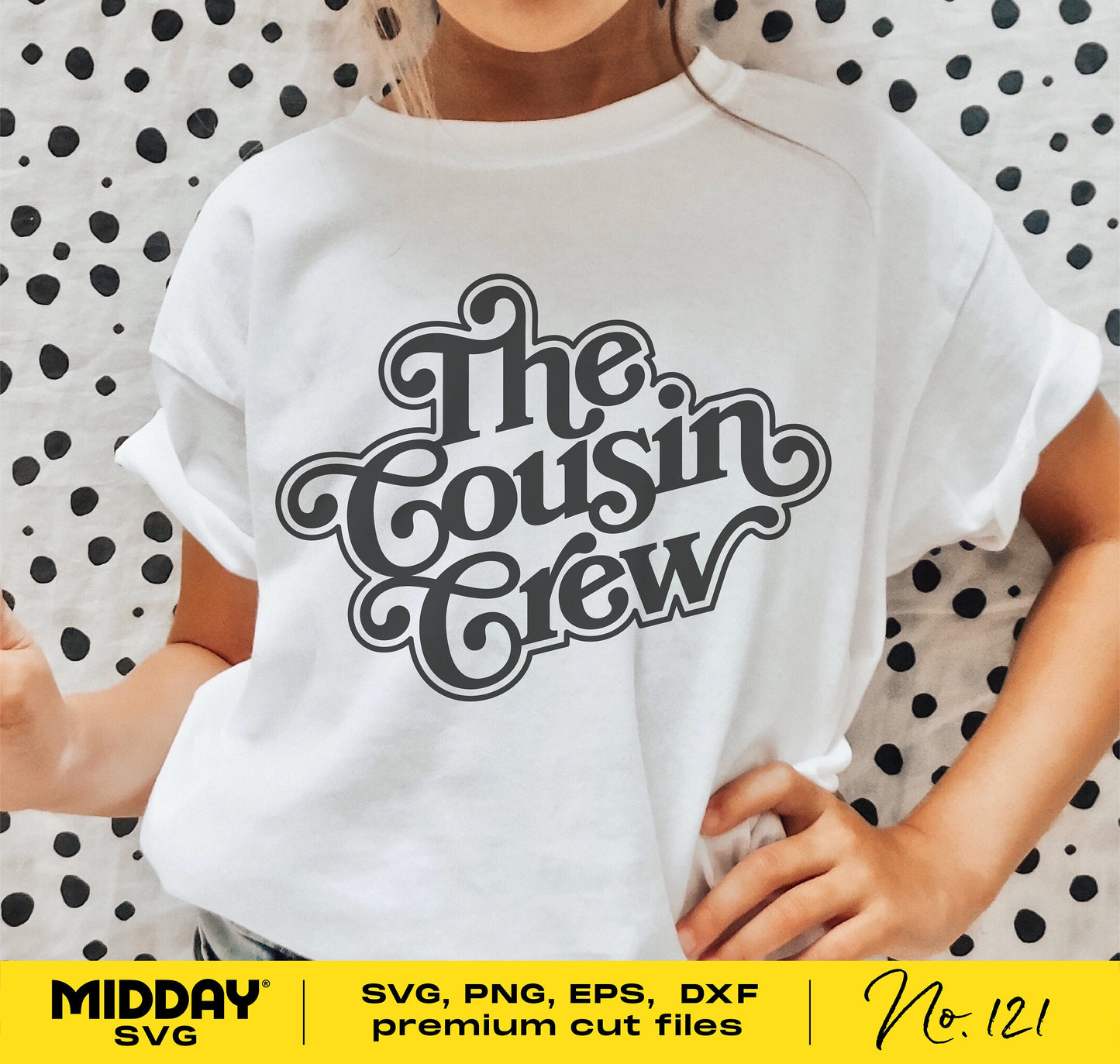 Child wearing 'Cousin Crew' shirt with SVG, PNG, EPS, DXF design on polka dot background, ideal for family reunion or cousin squad.