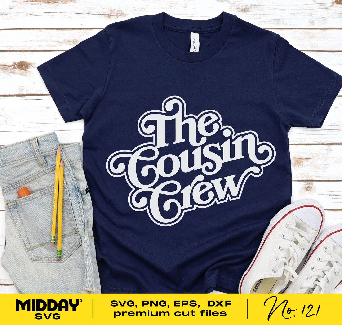 Navy 'The Cousin Crew' shirt with jeans and sneakers, perfect for family reunions, featuring SVG, PNG, DXF, EPS files for Cricut and Silhouette.