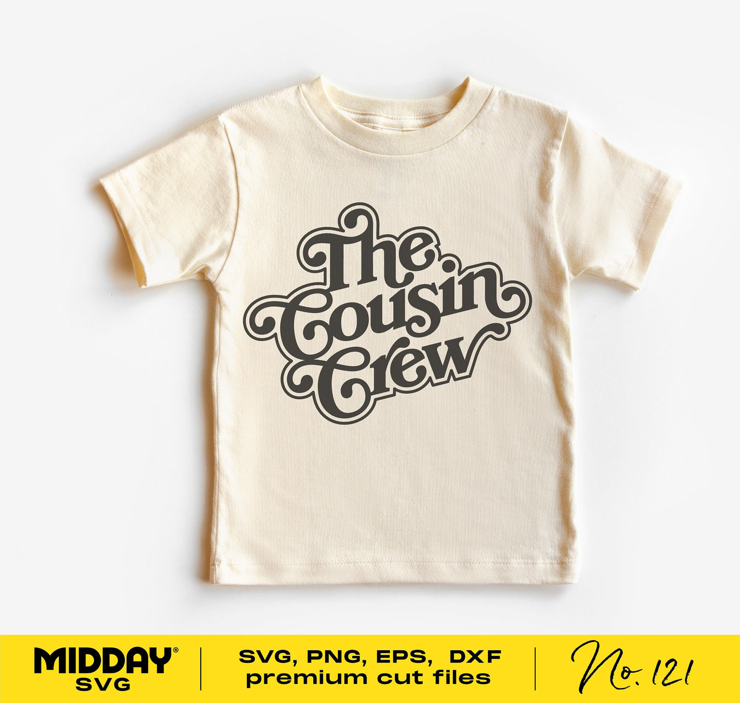 Beige t-shirt with 'The Cousin Crew' design for family reunions, available in SVG, PNG, EPS, and DXF formats for Cricut and Silhouette.