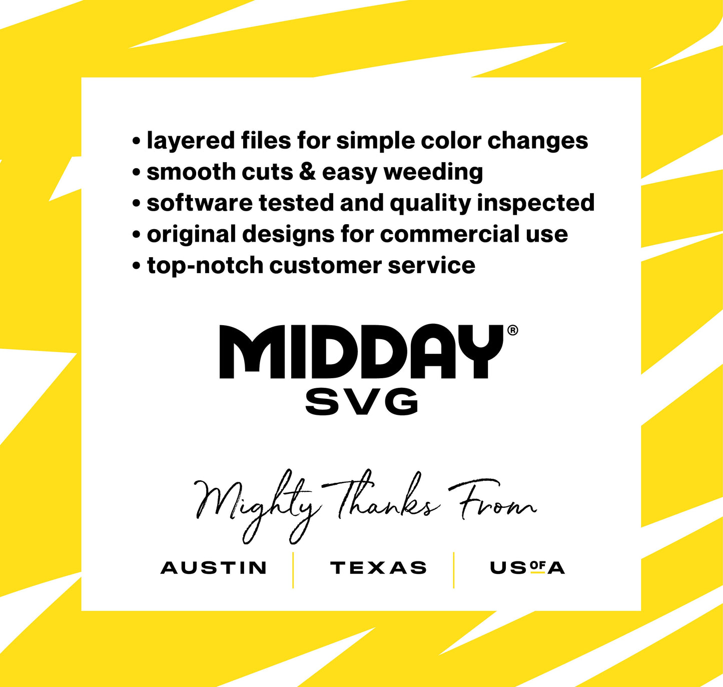 Midday SVG logo with quality features and services listed, including layered files, smooth cuts, and customer service, based in Austin, Texas, USA.