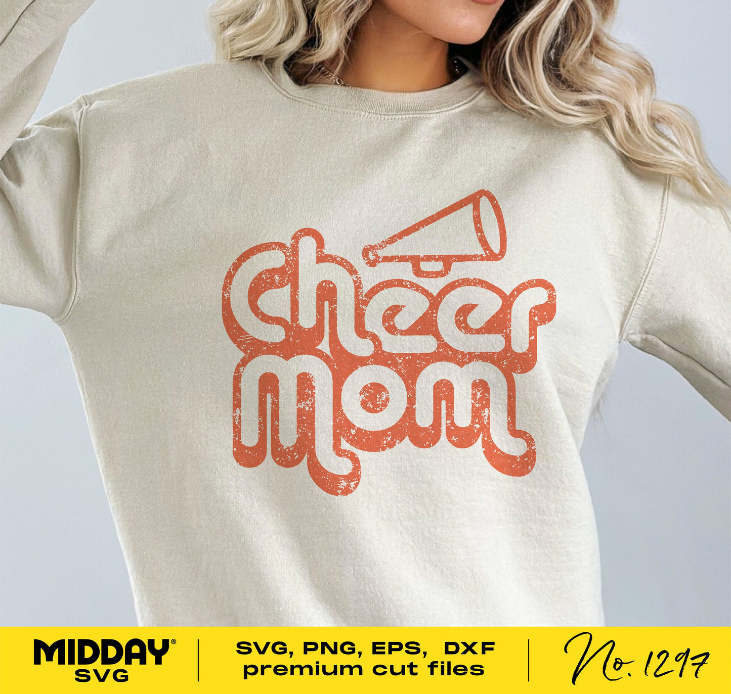 Retro Cheer Mom shirt design with megaphone graphic, perfect for Cricut, sublimation projects. Includes SVG, PNG, EPS, DXF files.