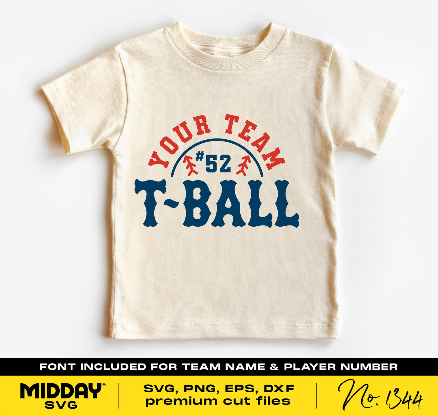 T-Ball team shirt design with customizable team name and player number, featuring SVG, PNG, EPS, DXF formats for Cricut and sublimation.