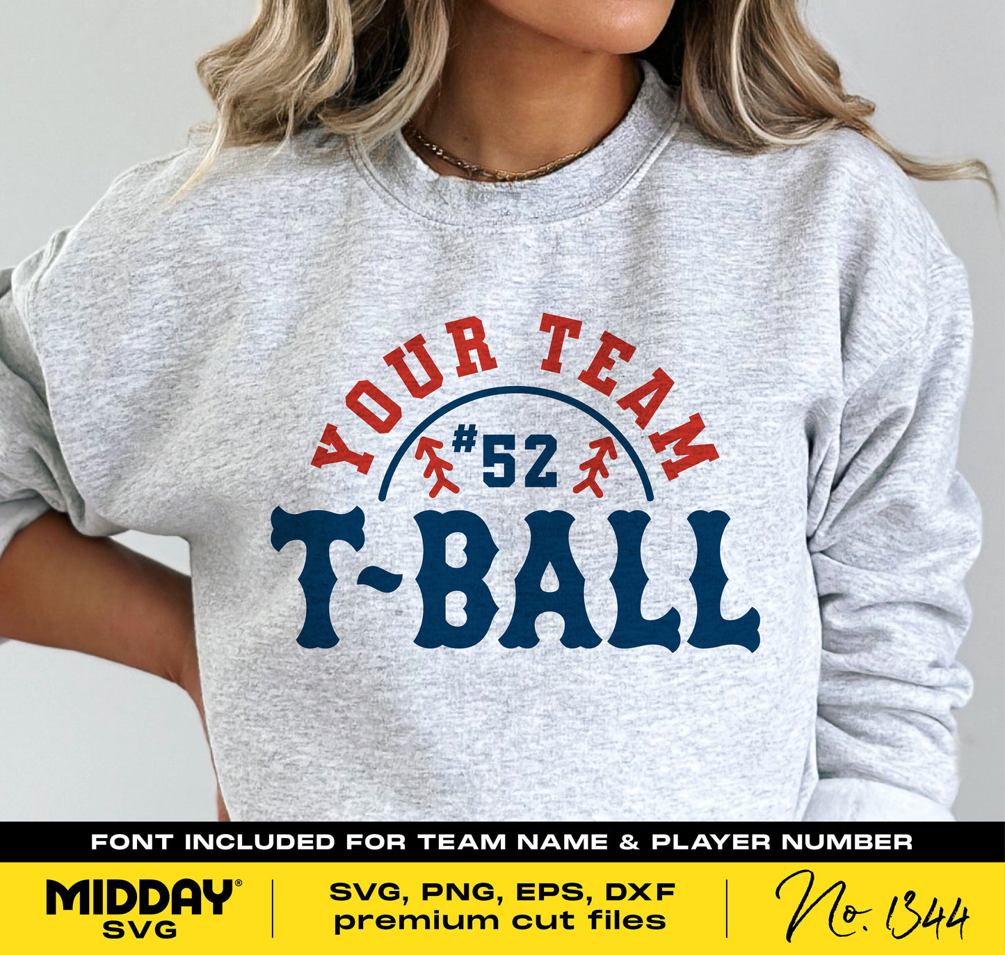 T-Ball sweatshirt design with customizable team name and player number, suitable for Cricut and Silhouette, includes SVG, PNG, EPS, DXF.