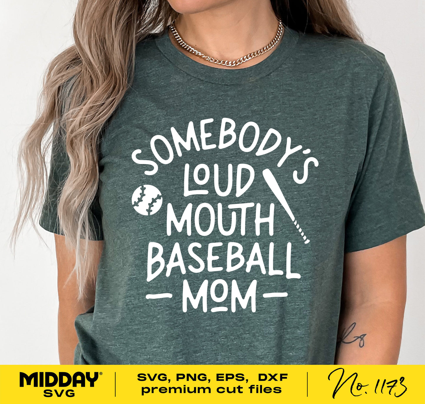 Green t-shirt with 'Somebody's Loud Mouth Baseball Mom' design, available as SVG, PNG, EPS, DXF for Cricut and Silhouette.