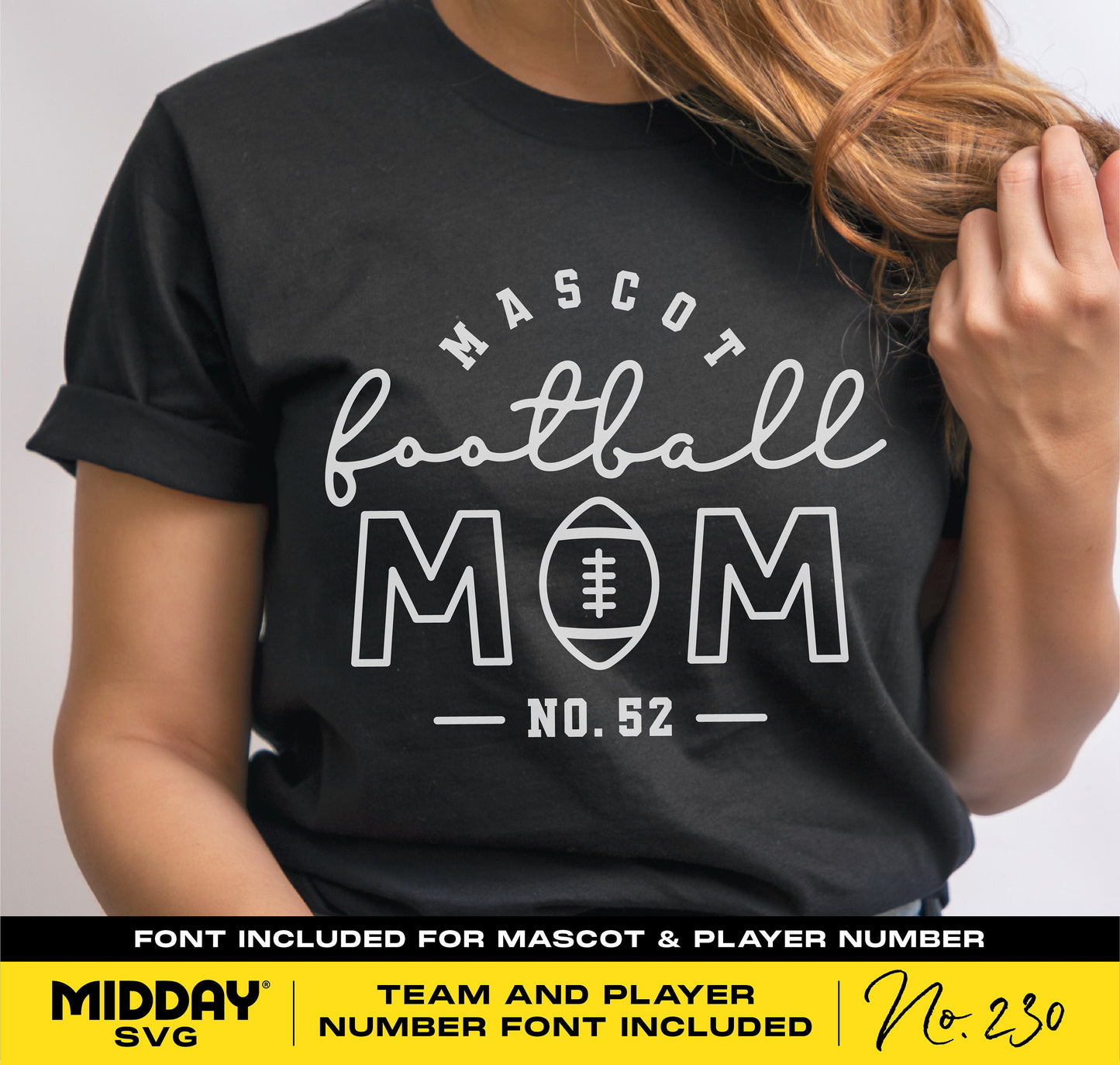 Woman wearing black 'Football Mom' shirt with custom team and player number design; SVG for Cricut and Silhouette users.