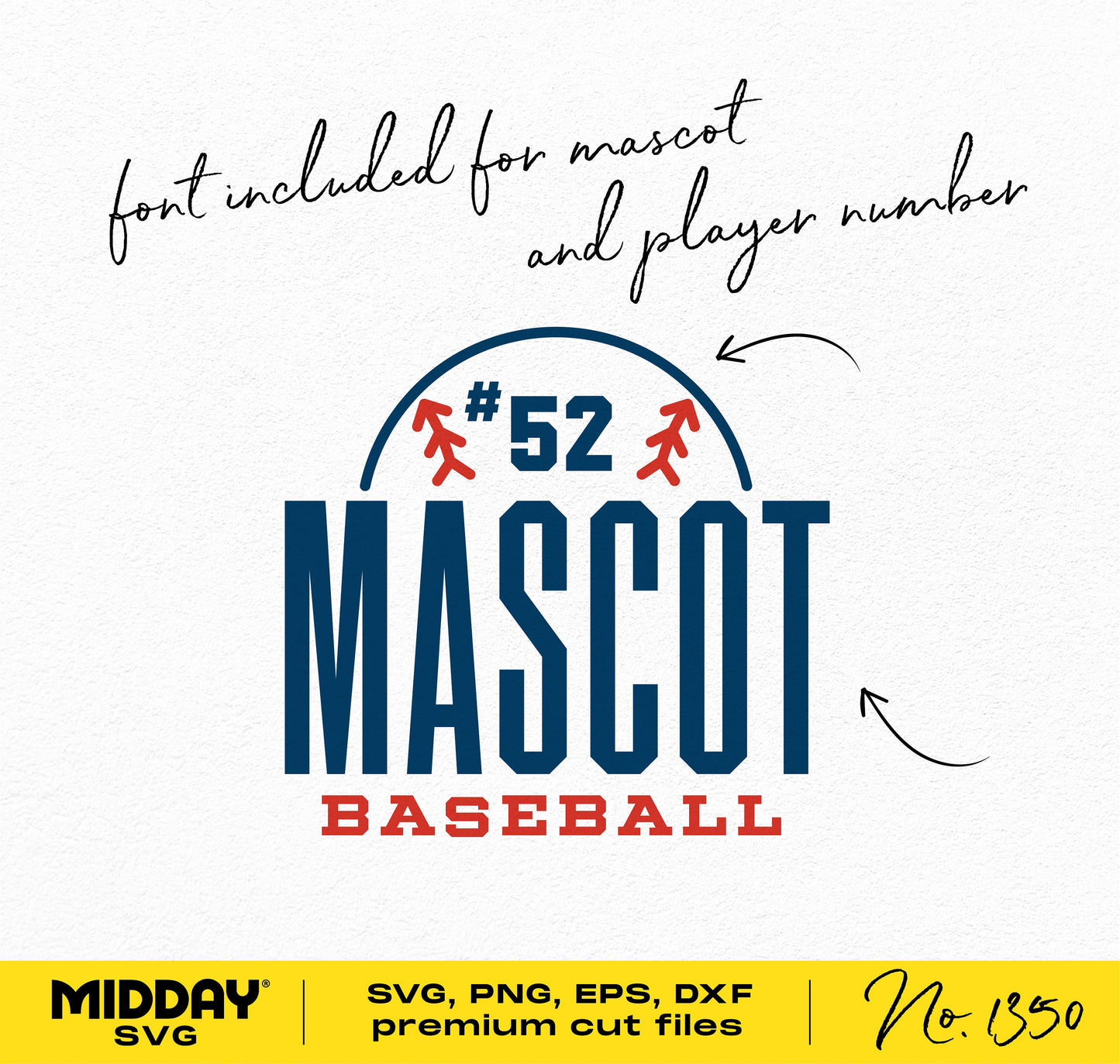 Baseball mascot graphic design with customizable font for players, includes SVG, PNG, EPS, DXF formats by MIDDAY SVG.