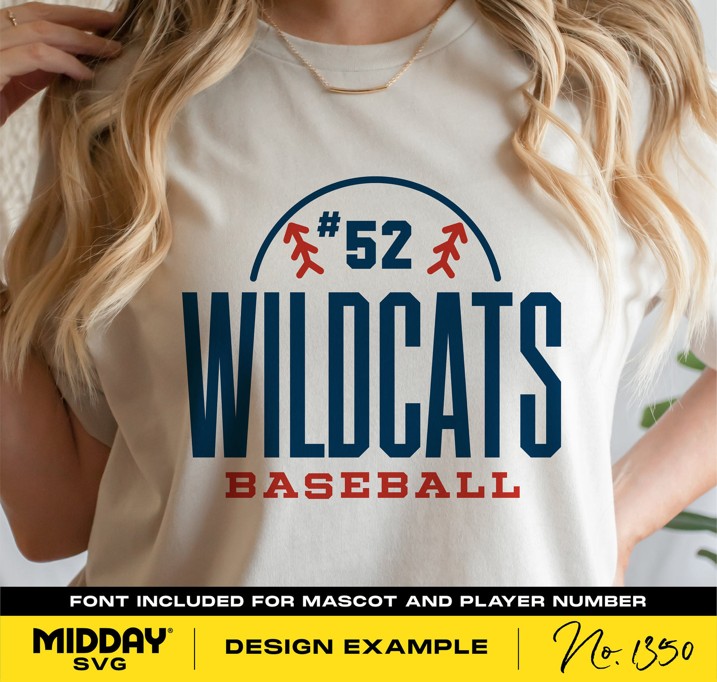 Woman wearing shirt with Wildcats #52 baseball design, featuring mascot and player number font. Midday SVG design example.