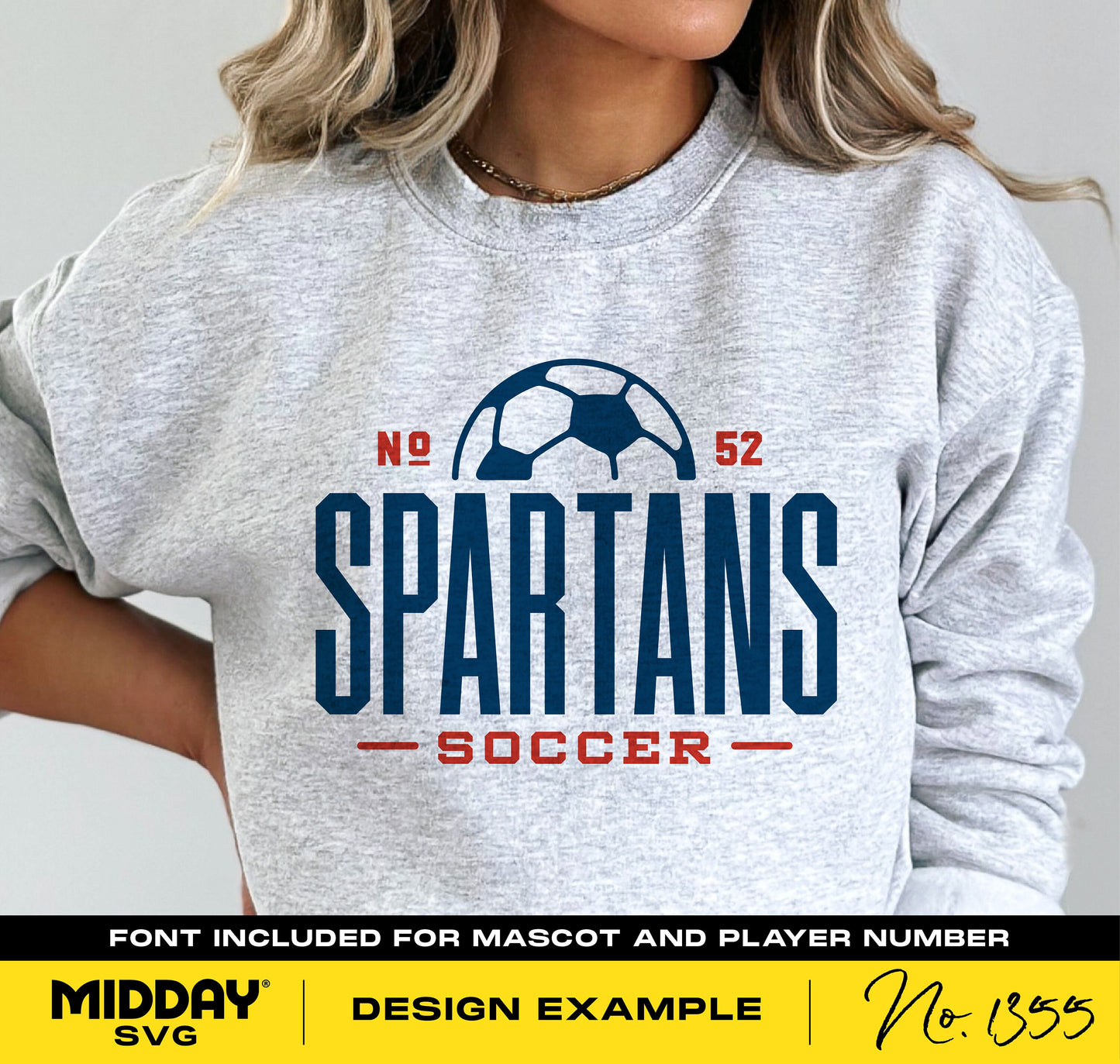 Grey sweatshirt with 'Spartans Soccer' logo featuring a soccer ball, number 52 and 9, perfect for team wear. Design example by Midday SVG.