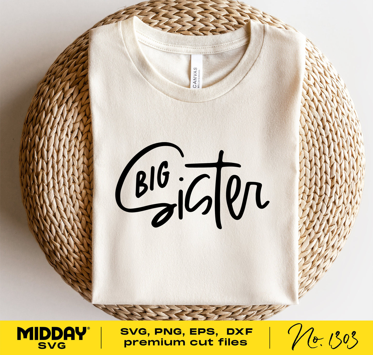 Big Sister SVG design on a white T-shirt, perfect for pregnancy announcements and Cricut projects. Available in SVG, PNG, EPS, DXF formats.