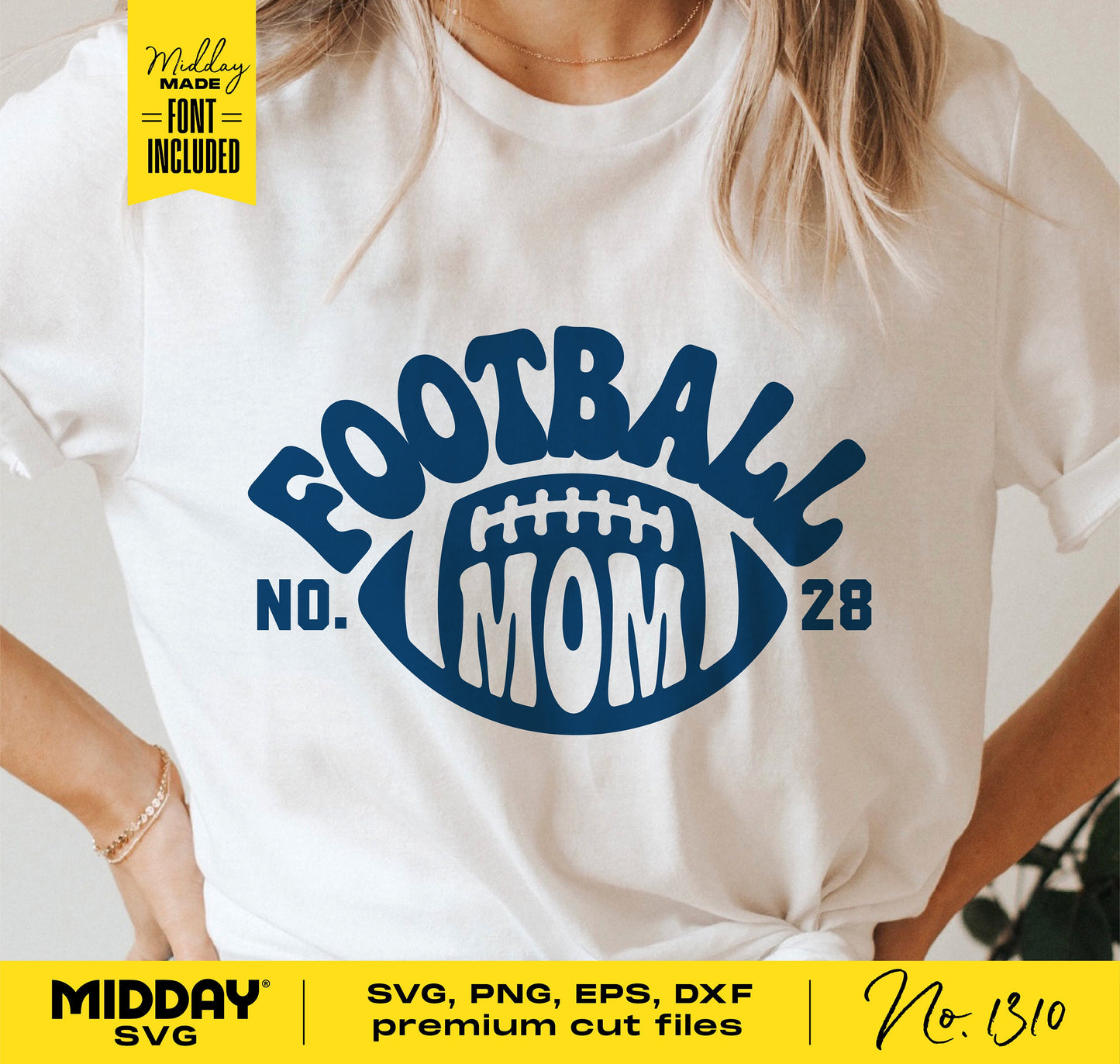 Football Mom graphic on white t-shirt, includes SVG, PNG, EPS, DXF cut files, ideal for Cricut projects and sublimation designs.