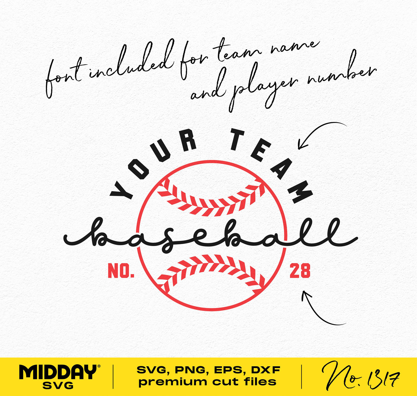 Baseball SVG template with customizable team name and player number, featuring stitches design for Cricut projects and team shirts.