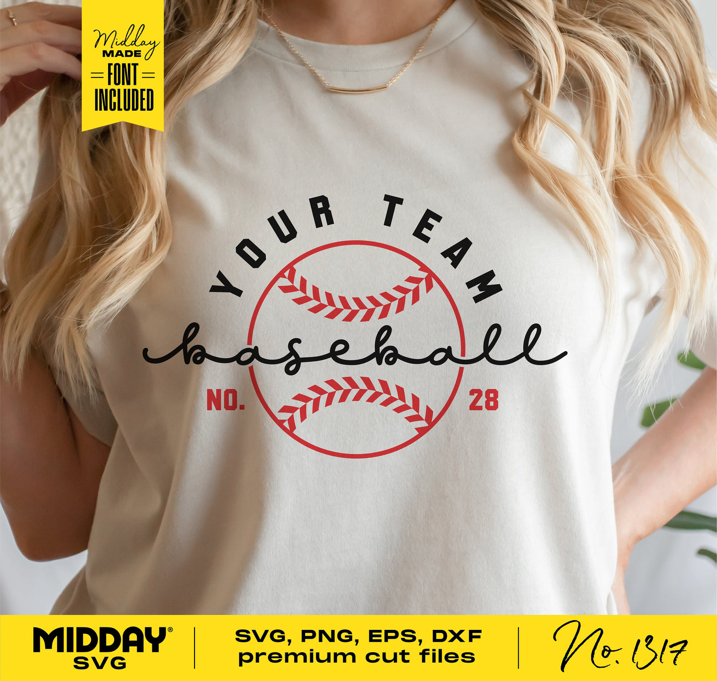 Woman wearing a shirt with DIY baseball SVG design, team name and number template, ideal for sports mom and team apparel.