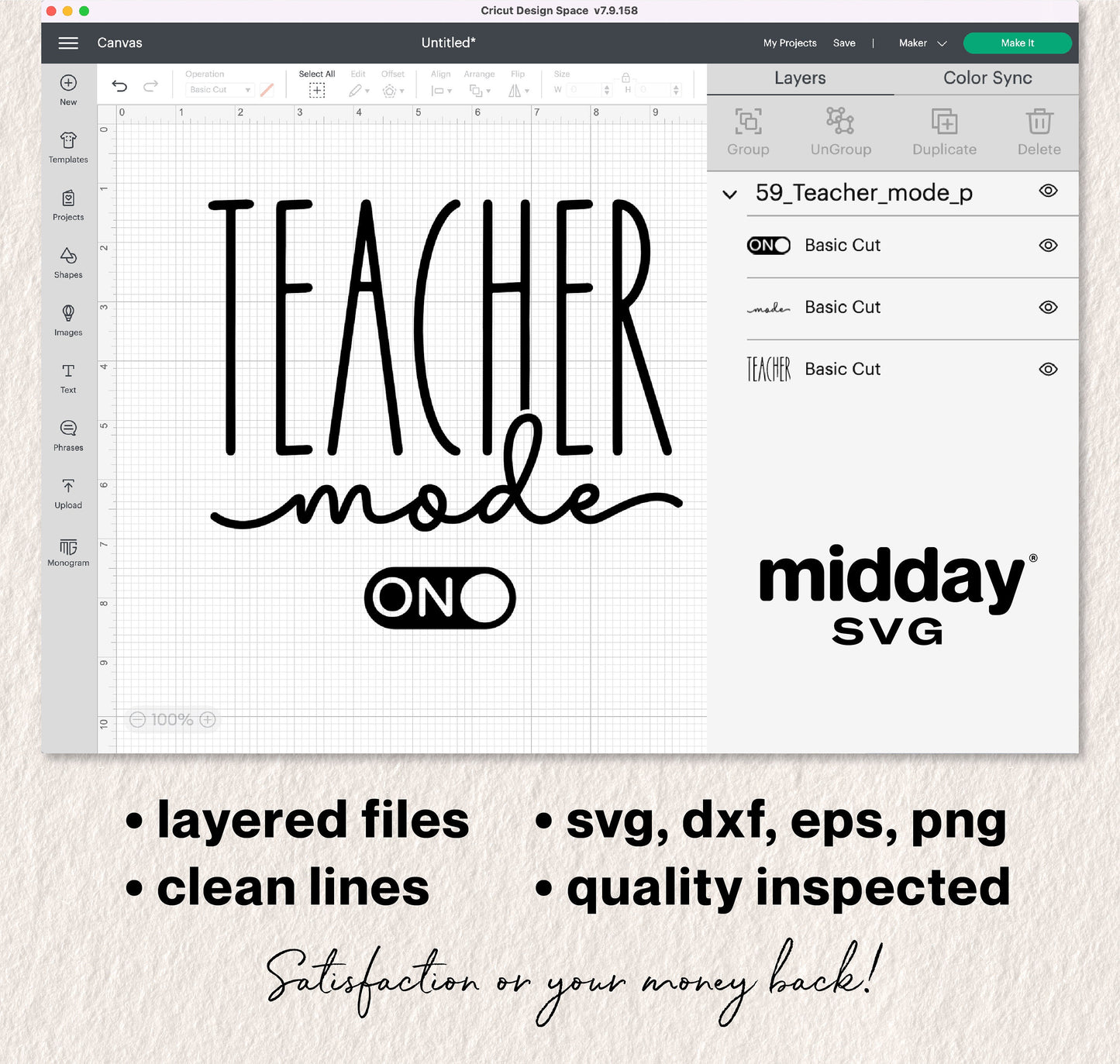 SVG design for "Teacher Mode On" with layered files, suitable for Cricut and Silhouette. Includes SVG, DXF, EPS, PNG formats.