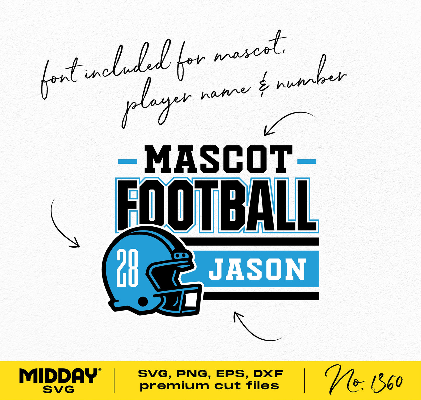 Football team SVG design featuring helmet, player name "Jason," and number "28" for shirts and logos.