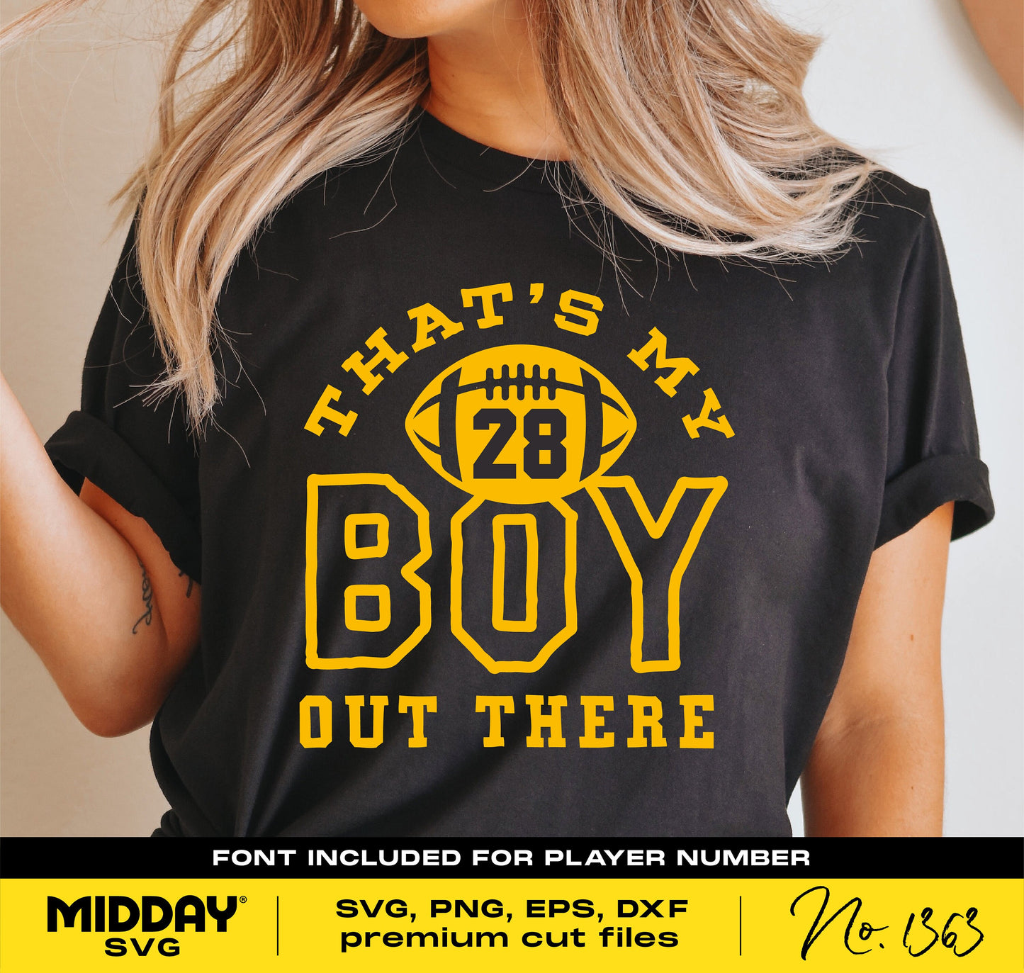 Football mom shirt with 'That's My Boy Out There' and number 28 design, available in SVG, PNG, EPS, DXF formats for Cricut and more.