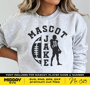 Woman wearing grey sweatshirt with custom football player design and text 'Mascot Jake 28'. Perfect for football mom or dad gifts.