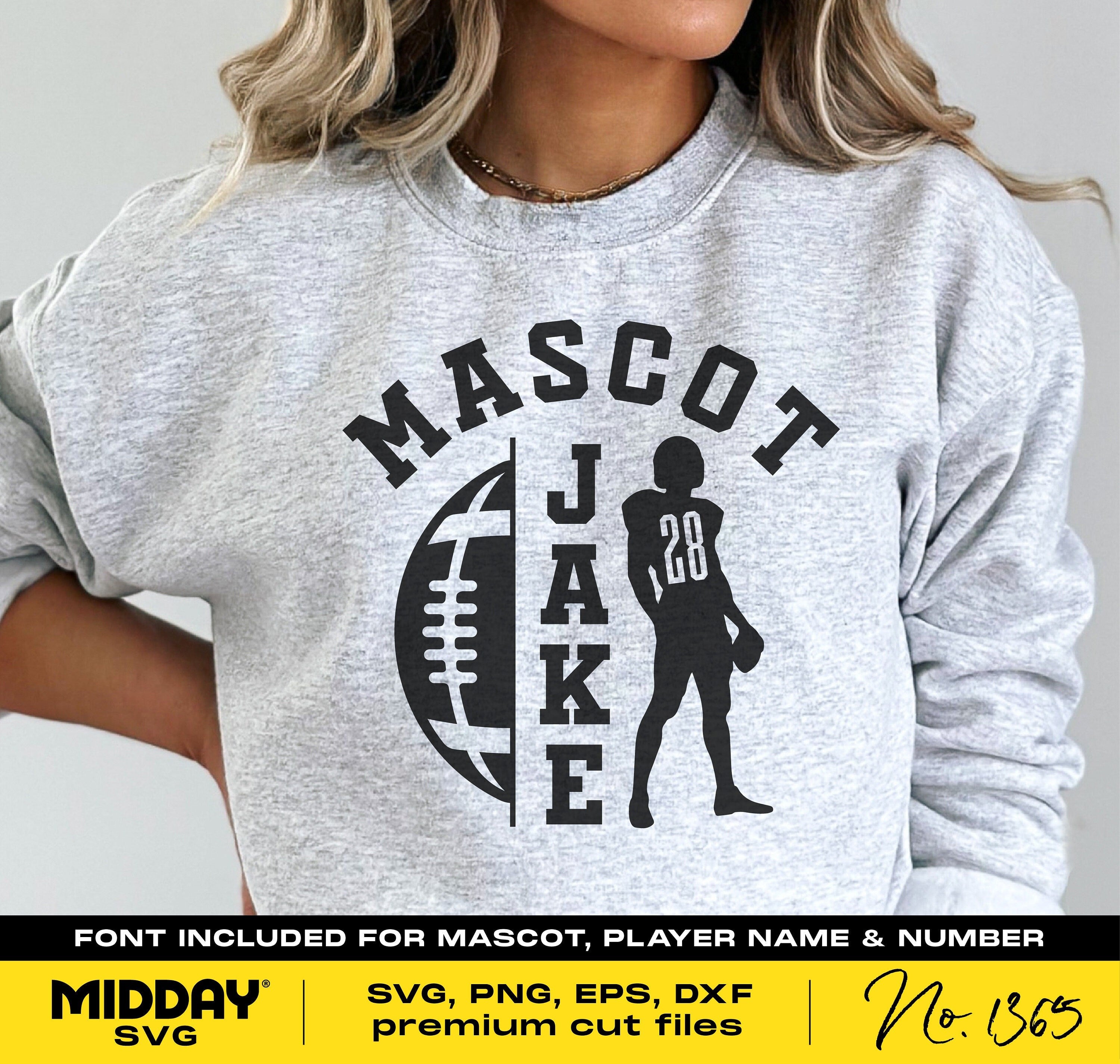 Woman wearing grey sweatshirt with custom football player design and text 'Mascot Jake 28'. Perfect for football mom or dad gifts.