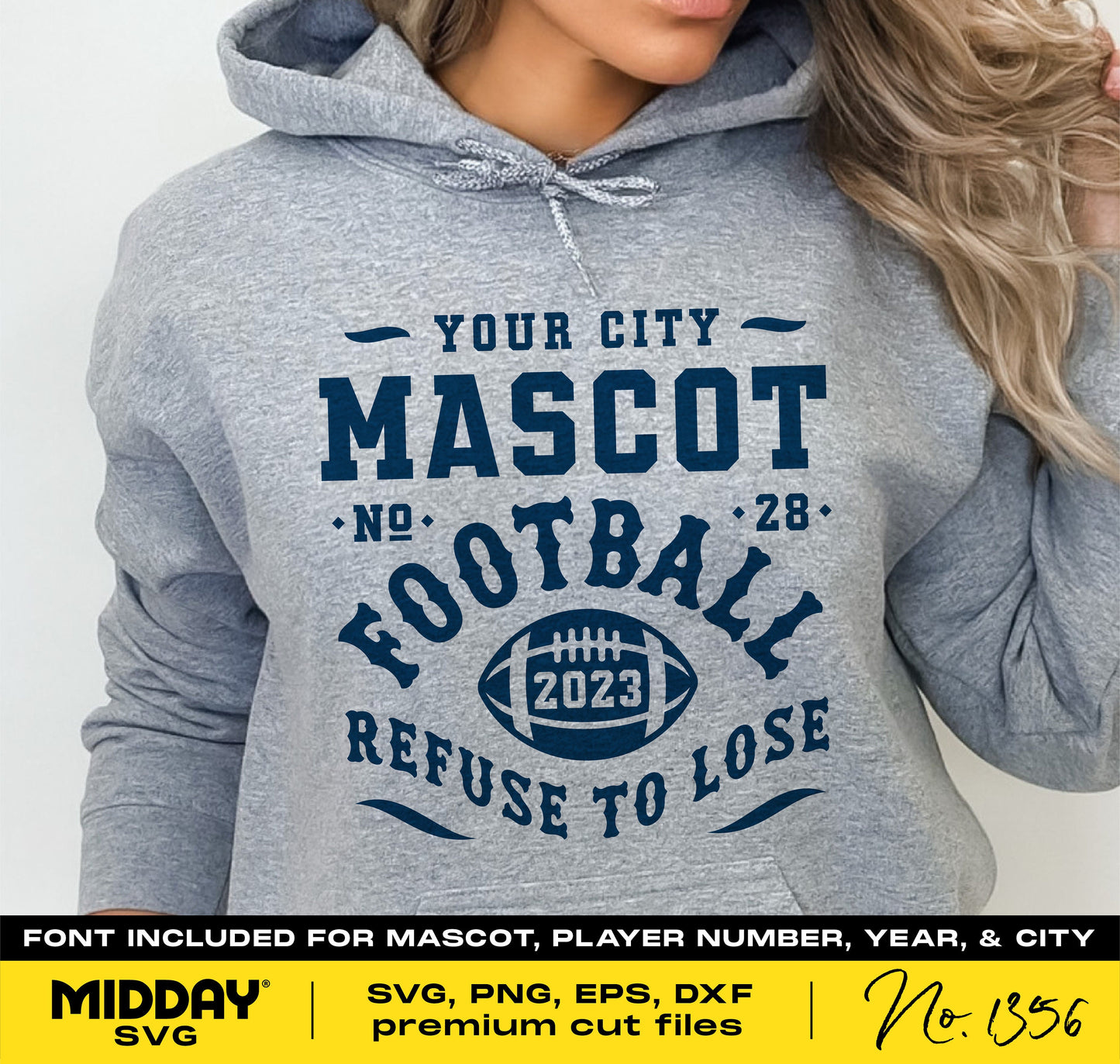Football template on hoodie featuring customizable city, mascot, player number, year; SVG, PNG, DXF files for Cricut and Silhouette.