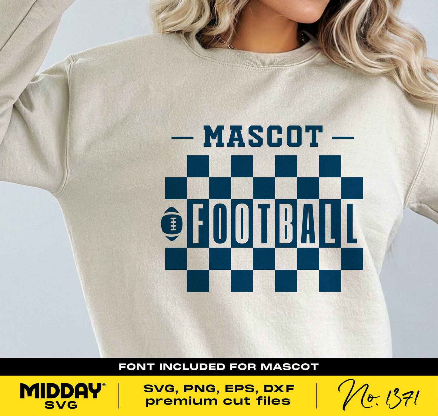 Football SVG for shirts with customizable team template, includes mascot font and checkered design for Cricut and sublimation printing
