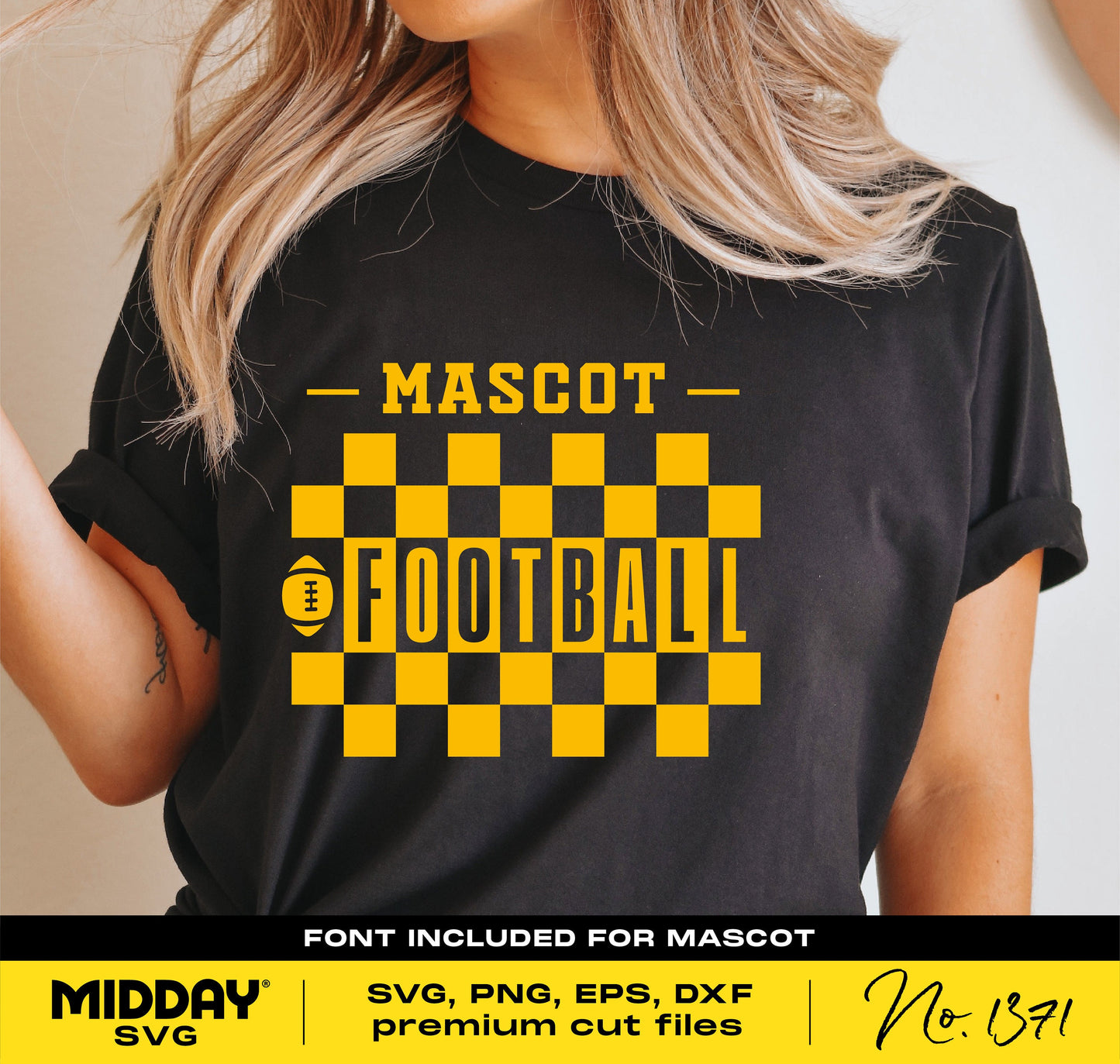Black t-shirt with yellow football mascot design for DIY projects using SVG, PNG, EPS, DXF cut files. Ideal for Cricut and sublimation.
