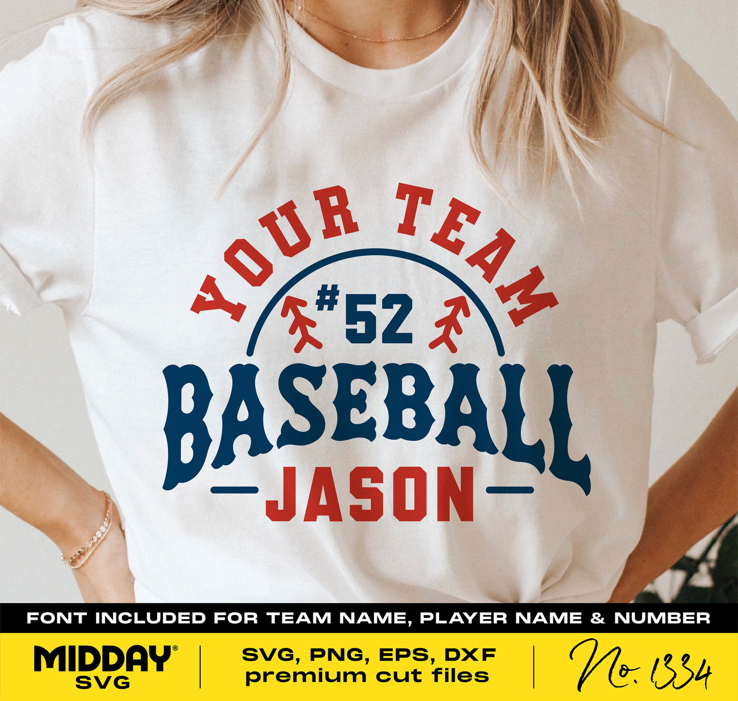 Customizable baseball SVG design on a t-shirt with team name, number, and player's name, available in SVG, PNG, EPS, DXF formats for Cricut.