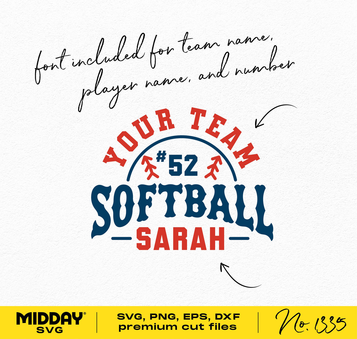 Softball team logo SVG design template with customizable name and number for Cricut crafting, includes font for personalization.