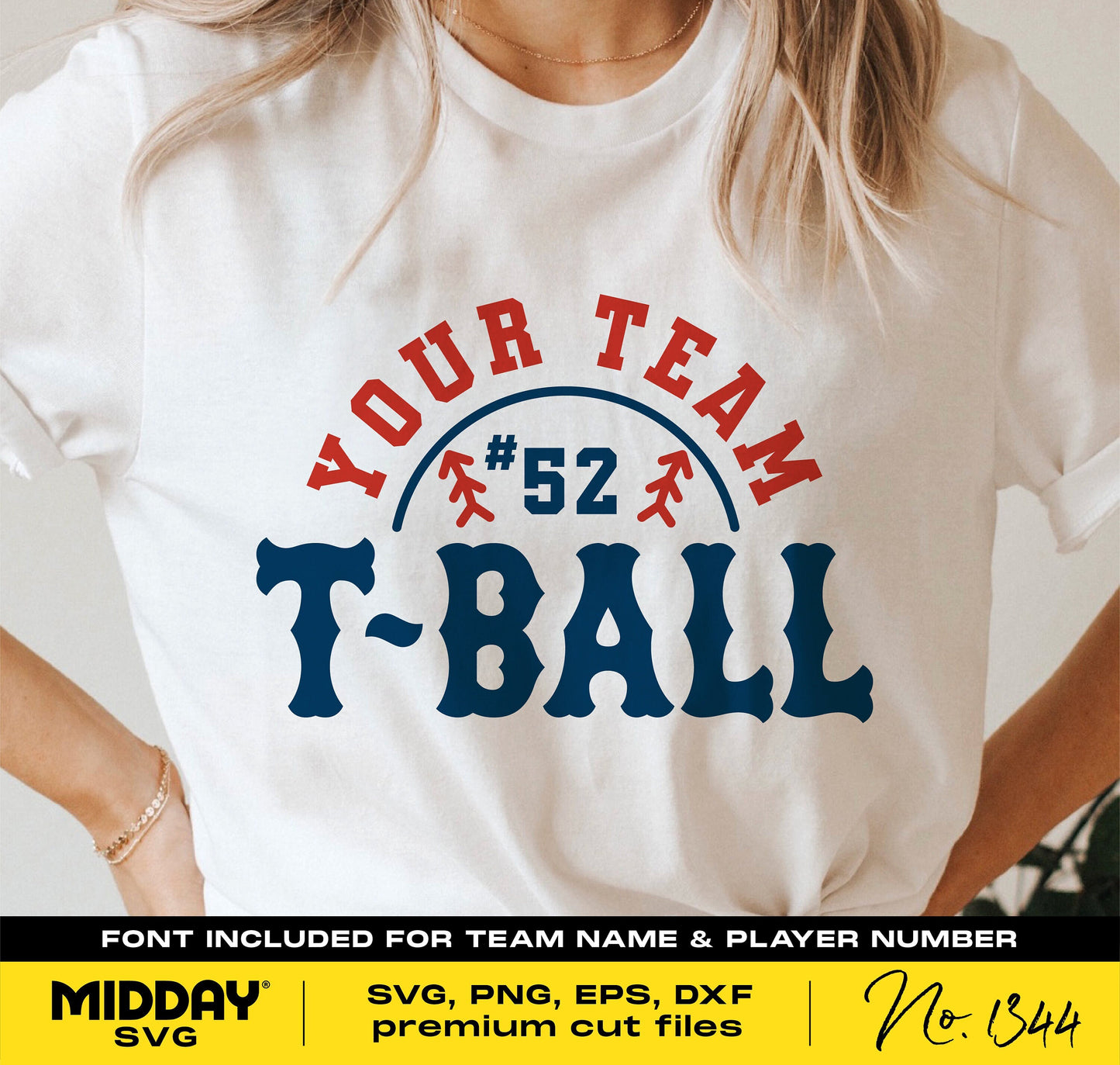 White t-shirt with customizable T-Ball team design featuring team name and player number for Cricut and sublimation projects.