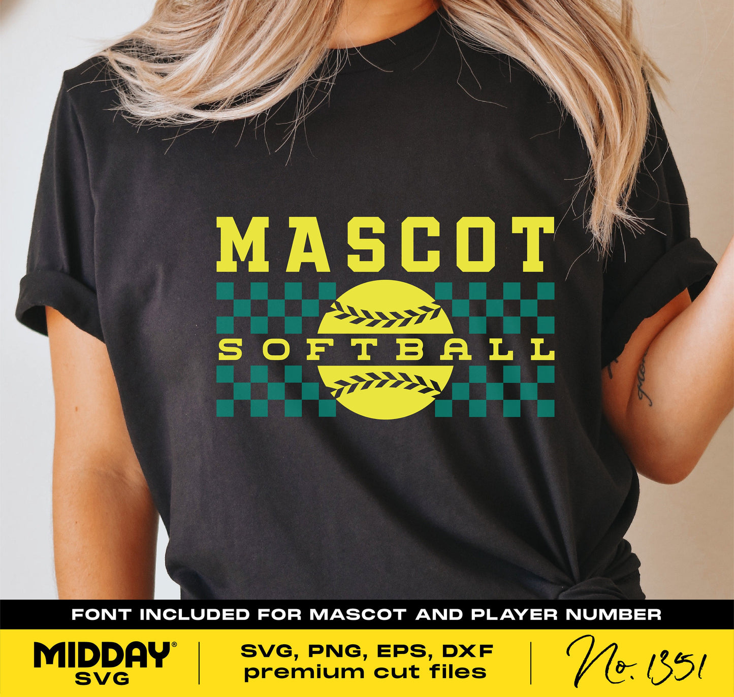 Black t-shirt with checkered softball logo and 'MASCOT SOFTBALL' text, suitable for customization with Cricut and sublimation projects.