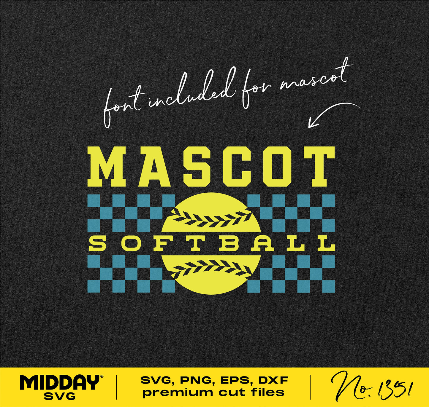 Checkered softball logo design with "Mascot" included, suitable for Cricut and sublimation. Available in SVG, PNG, DXF, EPS formats.