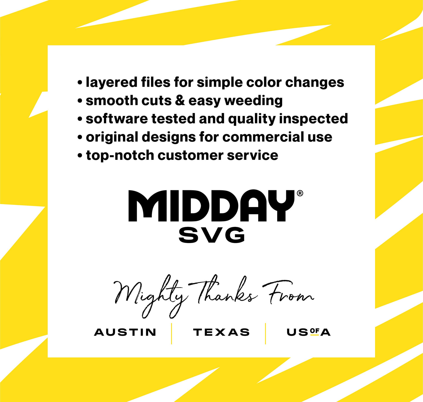 Midday SVG graphic highlighting features: layered files, smooth cuts, software tested, original designs, top-notch service, Austin TX USA.