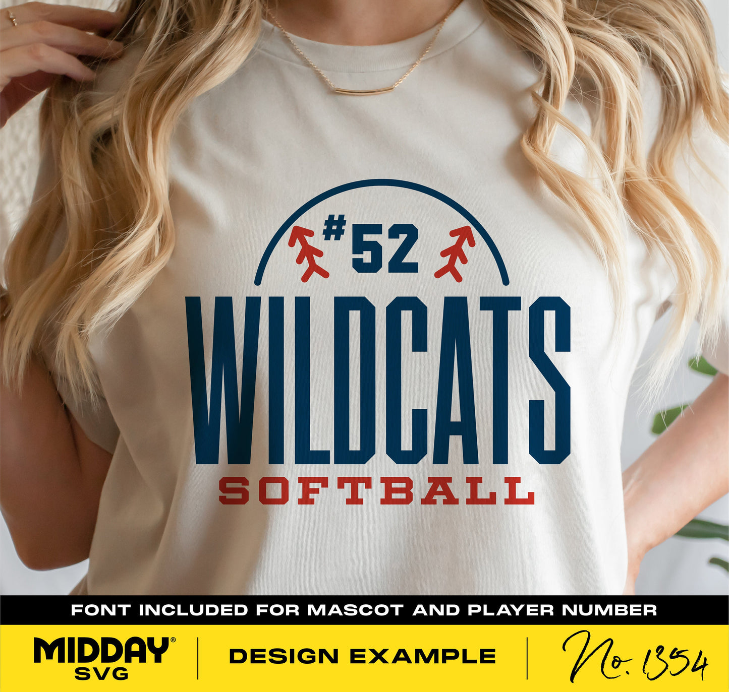 Person wearing a Wildcats Softball team shirt with logo and player number 52, design example by Midday SVG.
