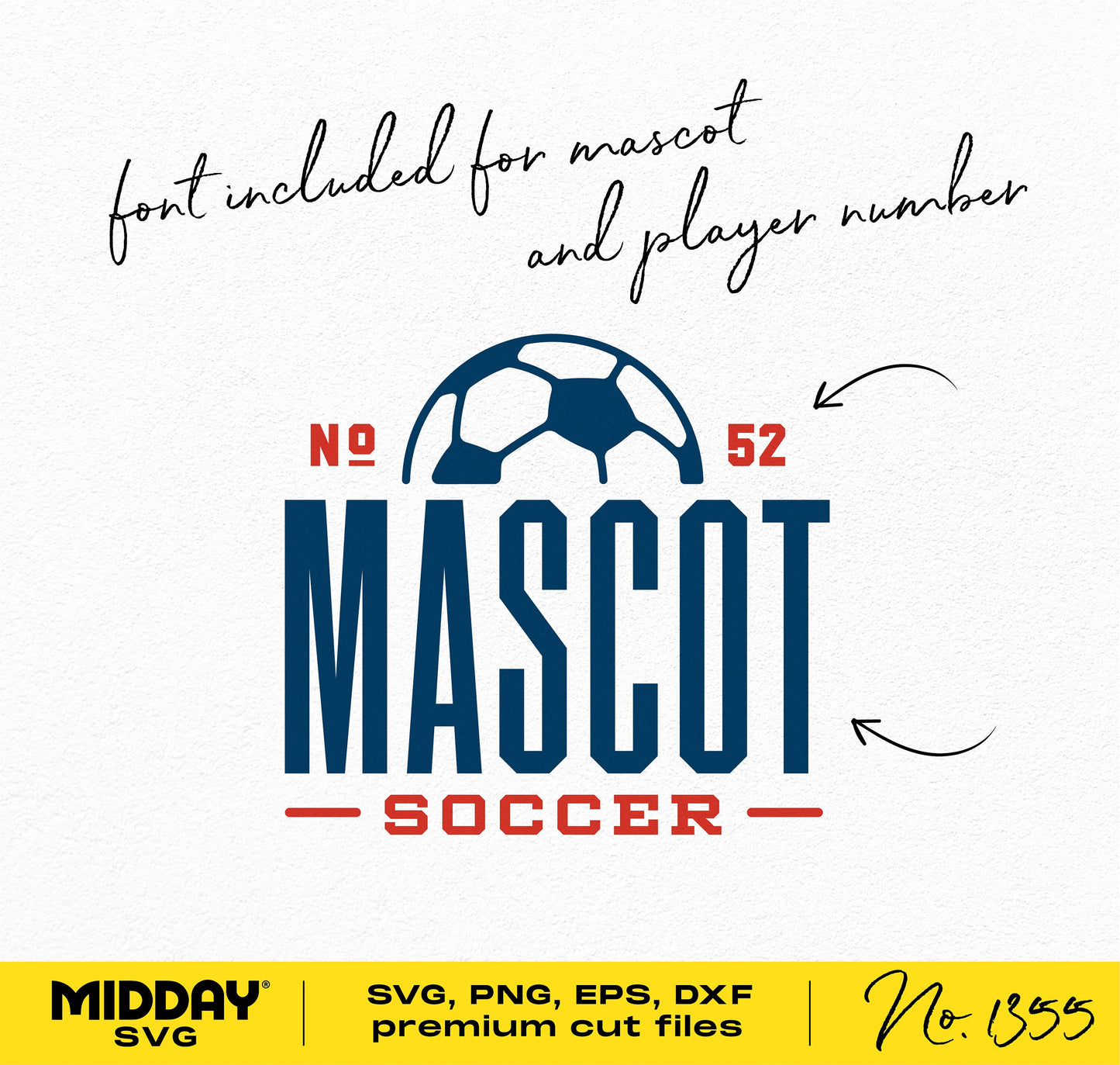 Soccer team template with mascot logo in SVG, PNG, EPS, DXF formats. Includes font for team mascot and player number customization.