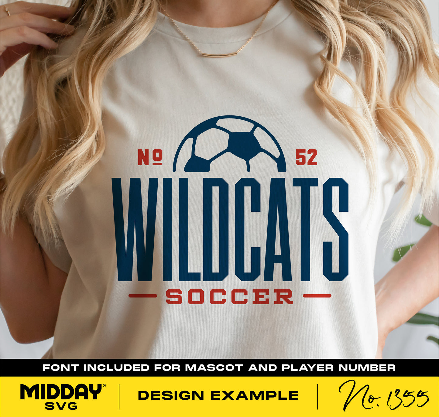 Woman wearing a Wildcats soccer team shirt featuring a bold logo with a soccer ball and numbers 52 and 1355, design example by Midday SVG.