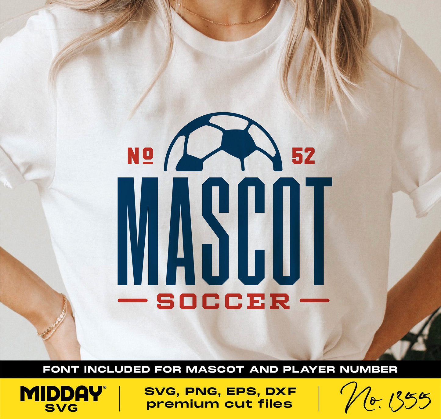 White t-shirt with Mascot Soccer design featuring soccer ball graphic, No. 52, available in SVG, PNG, EPS, DXF formats.