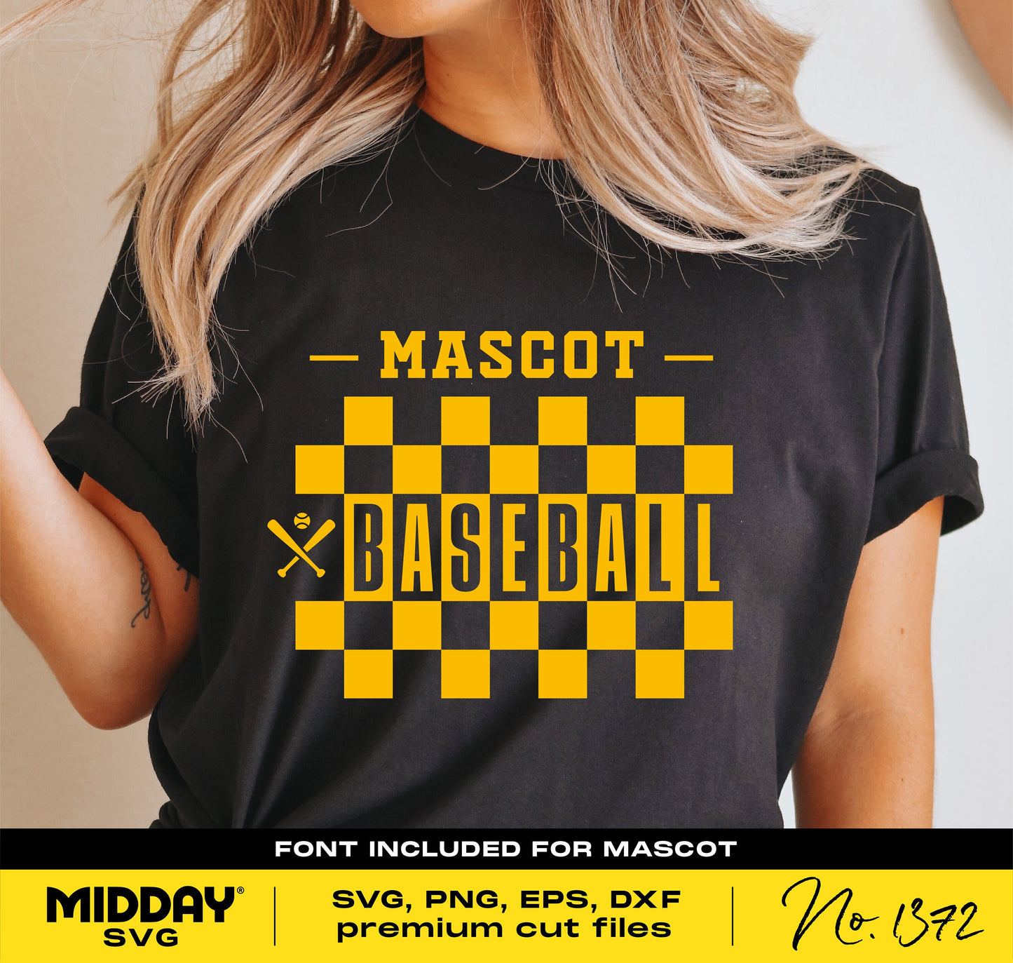 Checkered baseball shirt with "Mascot" text, perfect for baseball team designs in SVG format, includes font for customization.