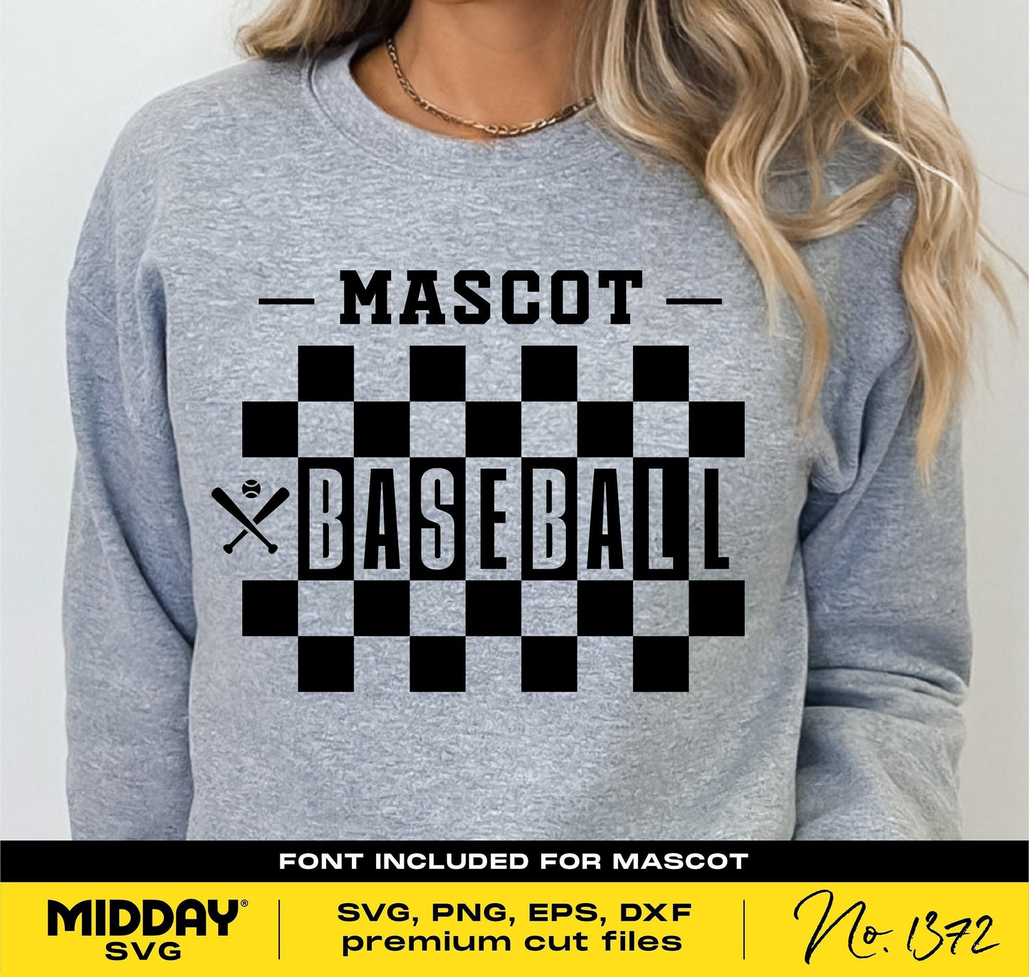 Checkered baseball shirt with the word 'Mascot' and bat design, featuring SVG, PNG, EPS, DXF formats by Midday SVG.